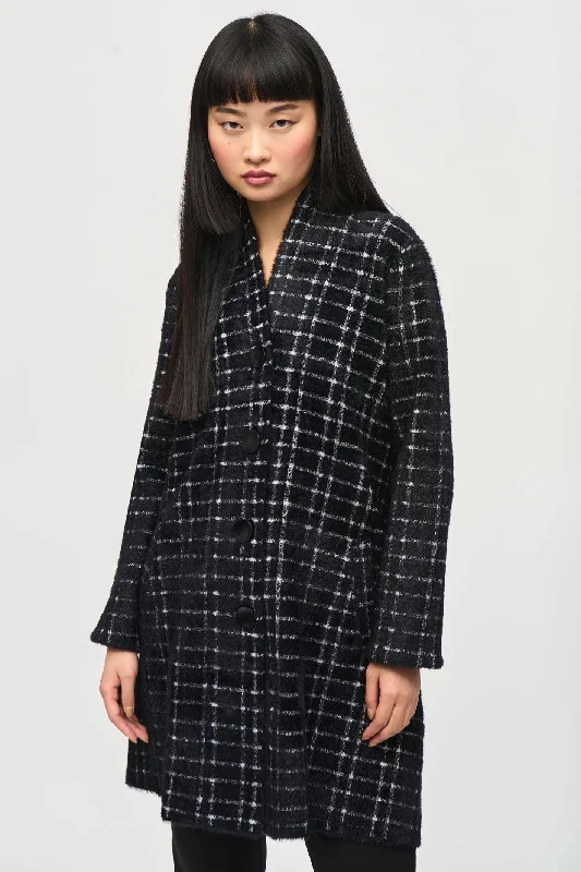 Joseph Ribkoff 243924 Black White Plaid Feather Yarn Sweater Coat