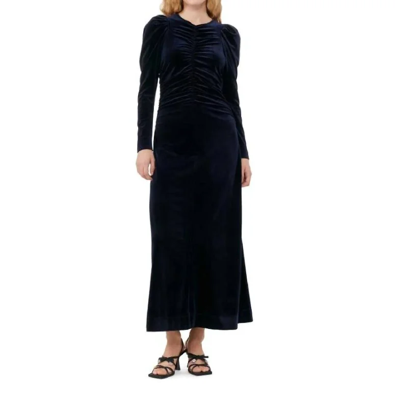 Velvet Gathered Dress In Navy