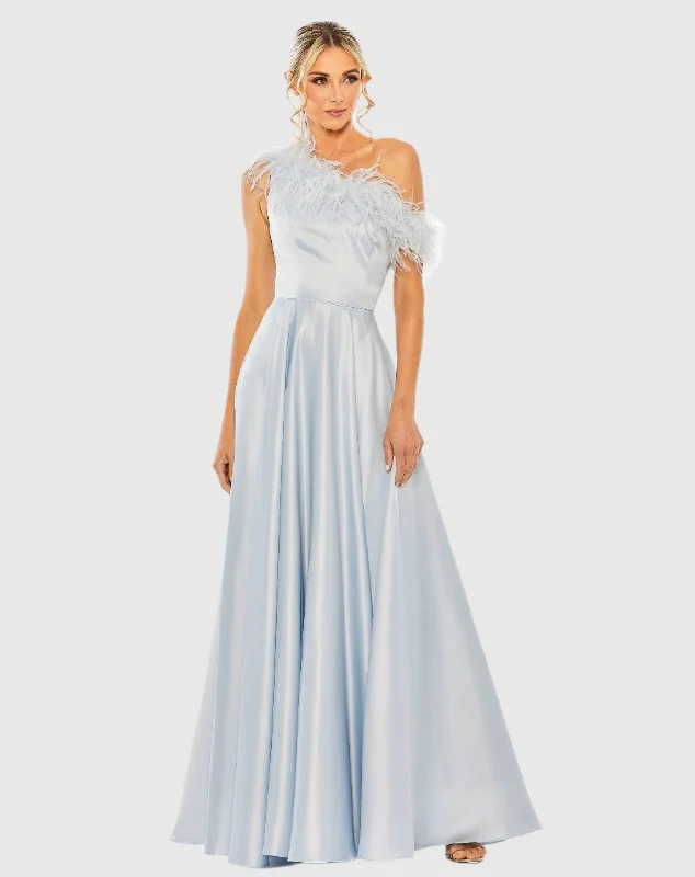 Blue One Shoulder A Line Gown With Feather Detail