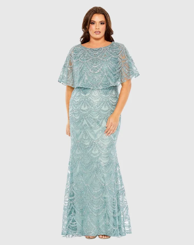 Blue High Neck Embellished Column Dress With Cape (Plus)