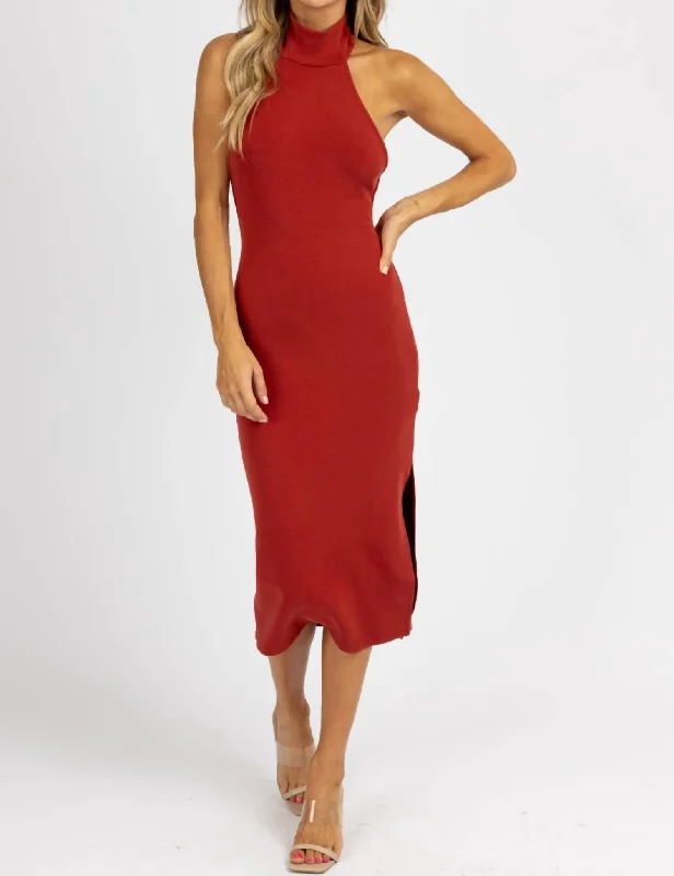 Halter Mock Neck Slit Midi Dress In Wine