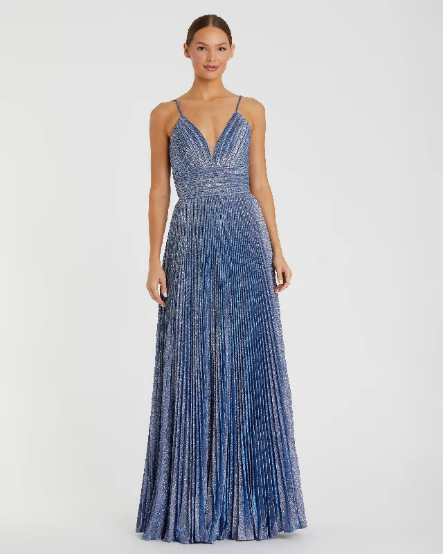 Blue Shimmer Pleated V-Neck Gown