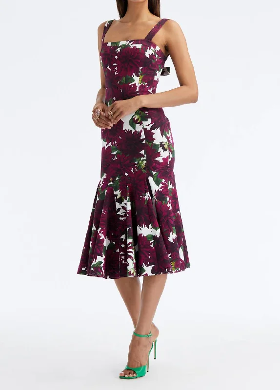 Dahlia Cotton Twill Midi Dress In Burgandy/white