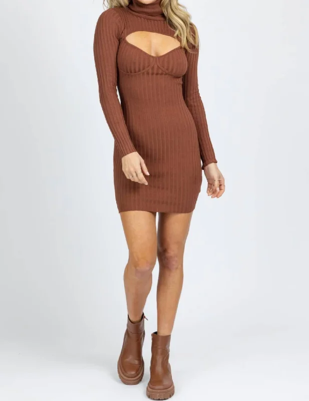 Turtleneck Keyhole Knit Mini Dress In Cocoa