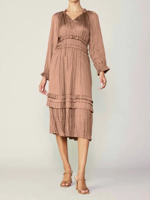 Long Sleeve Split Neck Long Dress In Dusty Clay