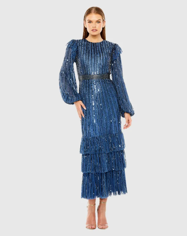 Blue Long Sleeve Ruffle Detail Sequin Dress