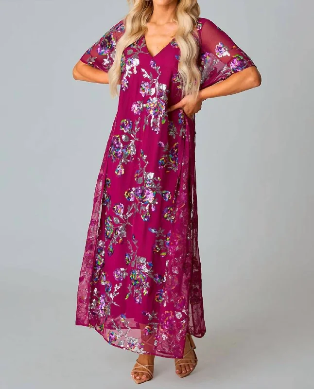 Atlas Sequin Caftan In Red Sangria