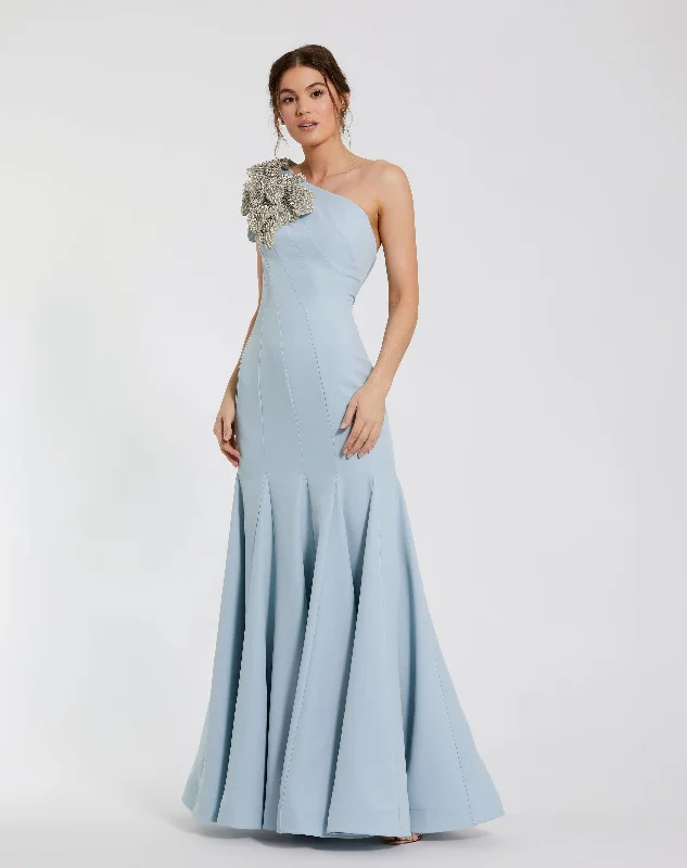 Powder Blue Crepe One Shoulder Gown With Flower