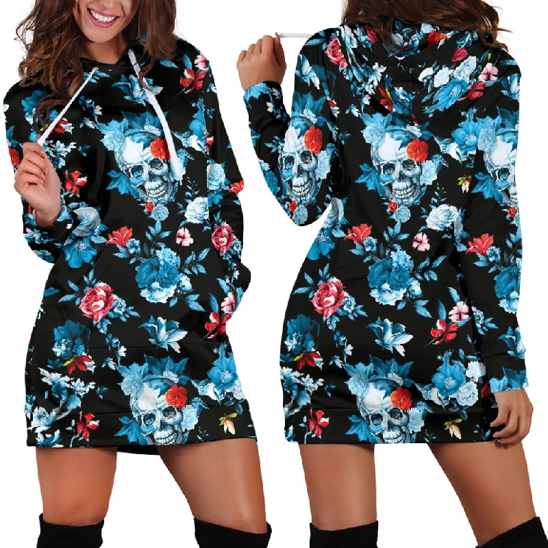 Skull Flower Roses Leave Pattern Women'S Hoodie Dress