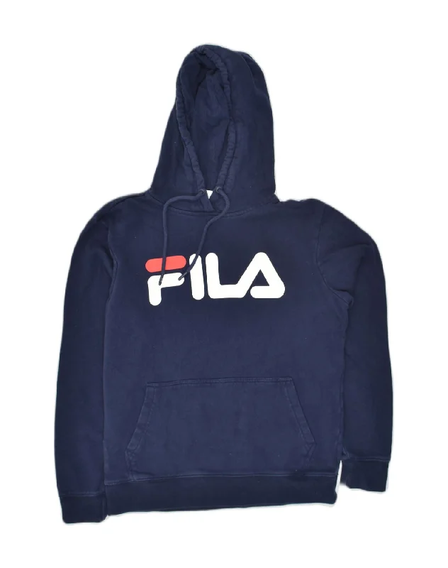 FILA Womens Graphic Hoodie Jumper UK 10 Small Navy Blue Cotton