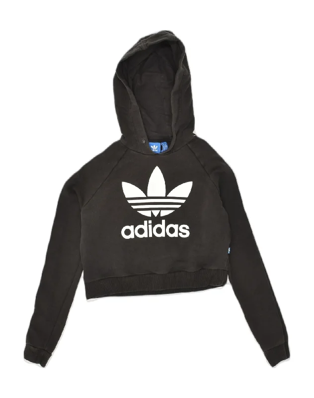 ADIDAS Womens Graphic Crop Hoodie Jumper UK 8 Small  Black Cotton