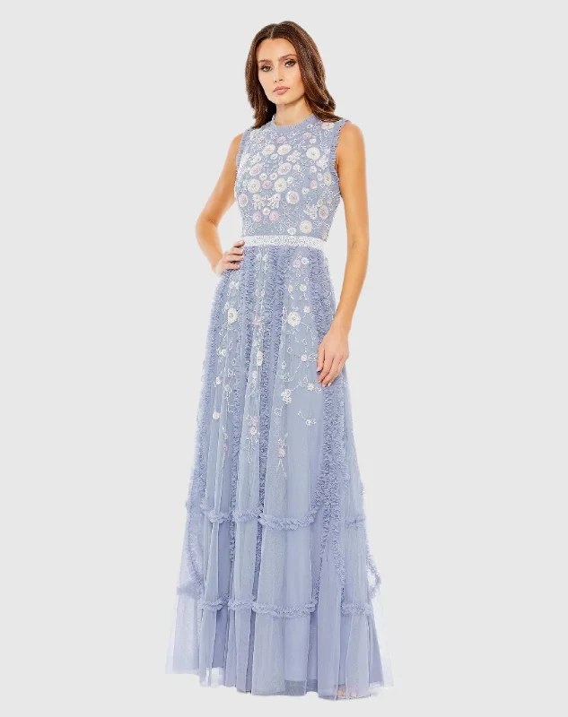 Blue Embroidered High Neck Sleeveless Ruffled Gown