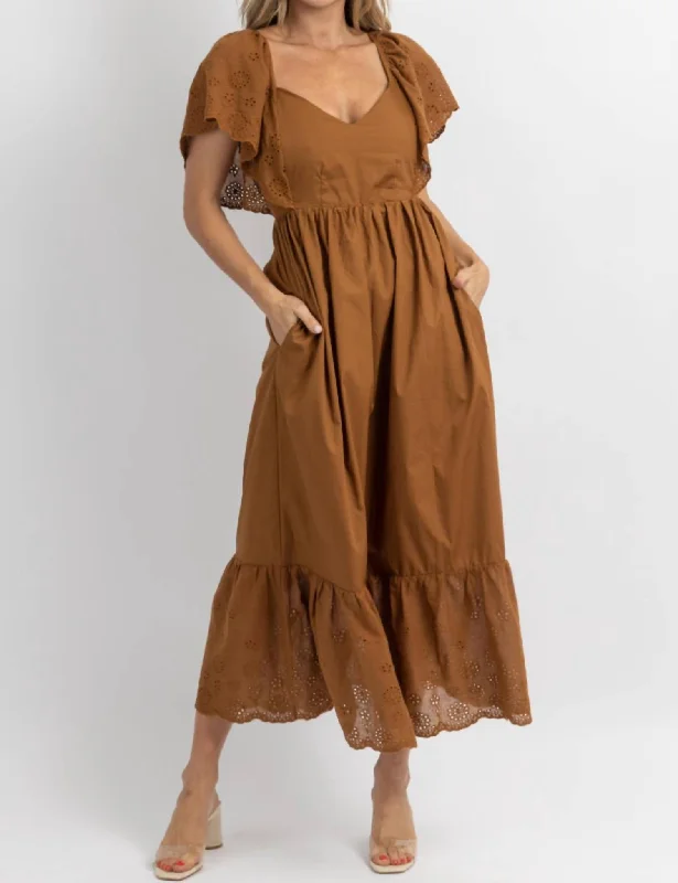 Eyelet And Ruffle Pocket Maxi Dress In Cocoa