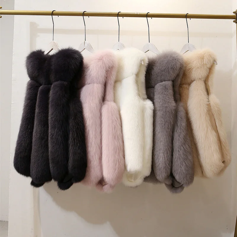 factory sale ladies fashion winter warm thicken jacket 4XL size faux fox fur with hood hot sale vet wholesale fur jacket