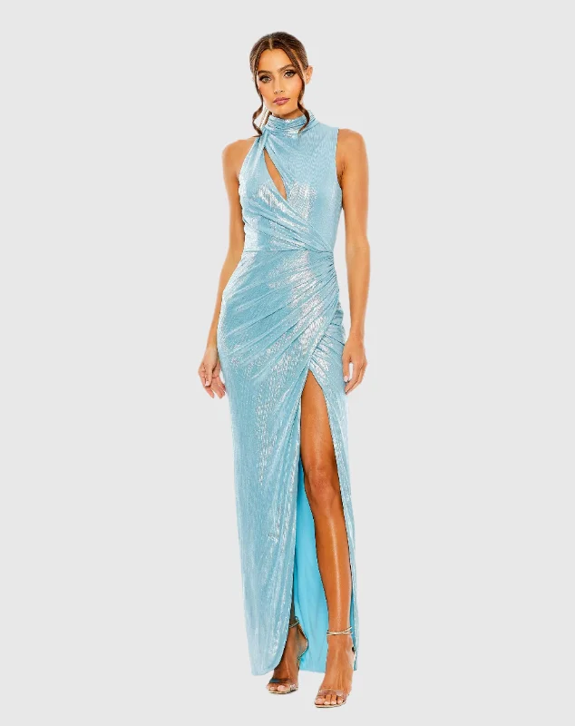 Blue High Neck Sleeveless Gown