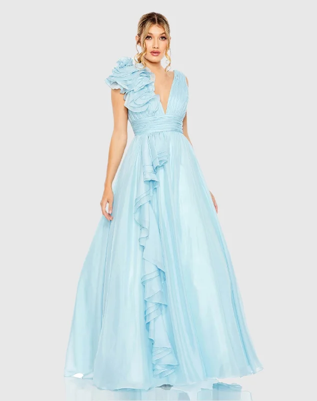 Light Blue Ruffle Shoulder V-Neck Chiffon Gown