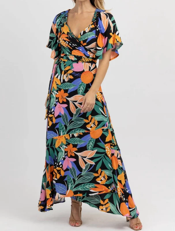 Multifloral Wrap Maxi Dress In Bora Black