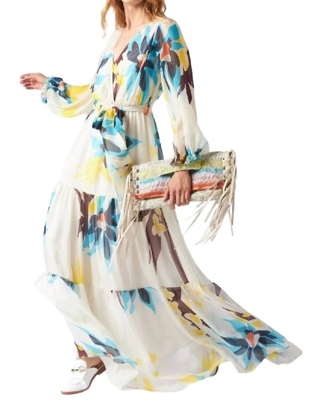 Flower Printed Silk Chiffon Dress In Cream