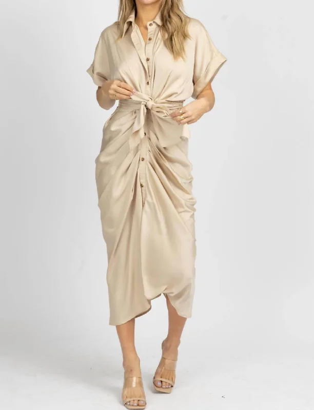 Satin Twist Tie Button Midi Dress In Taupe