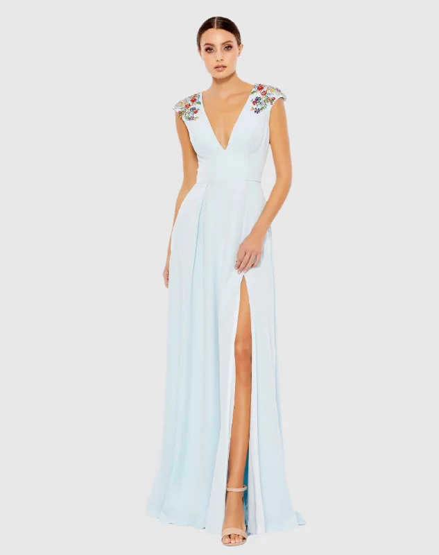 Light Blue Beaded Cap Sleeve V Neck A Line Gown