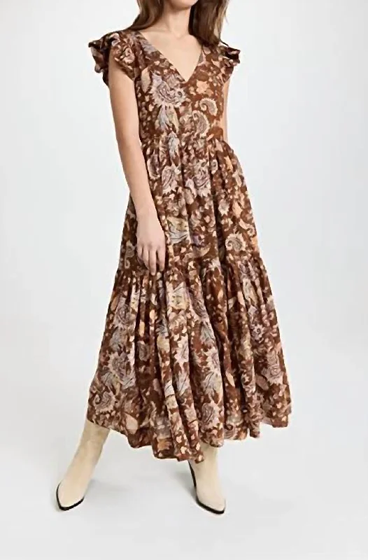 Printed Tiered Midi Dress In Brown Multi