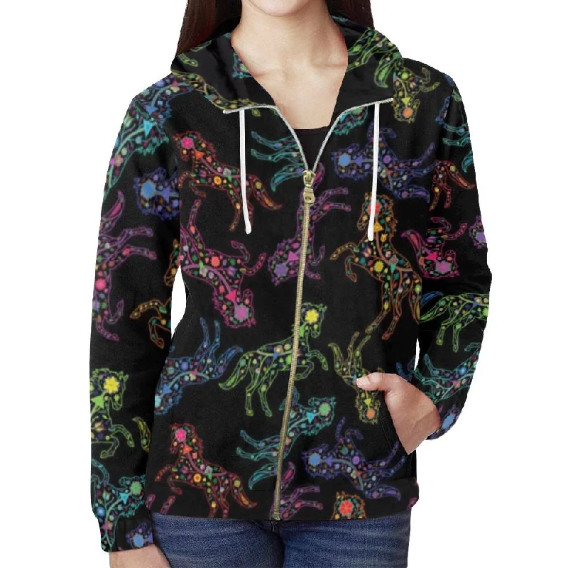 Neon Floral Horses Full Zip Hoodie for Women