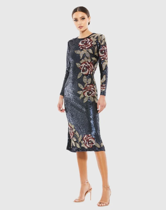 Navy Sequined Asymmetrical Floral Long Sleeve Midi Dress