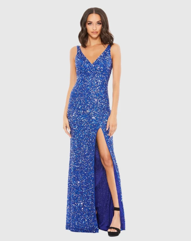 Blue Sequined Sleeveless V Neck Side Slit Gown