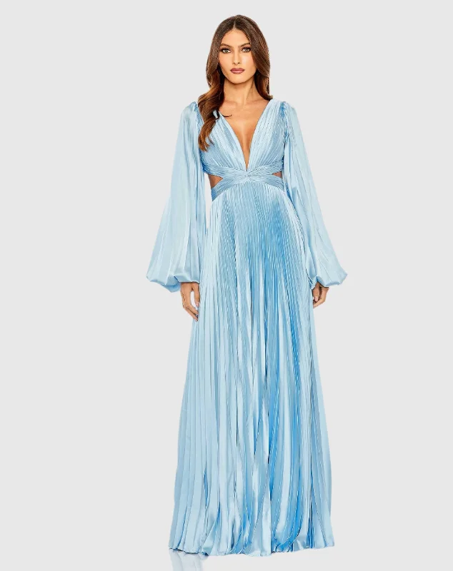 Blue Long Sleeve Pleated Charmeuse Cut Out Gown