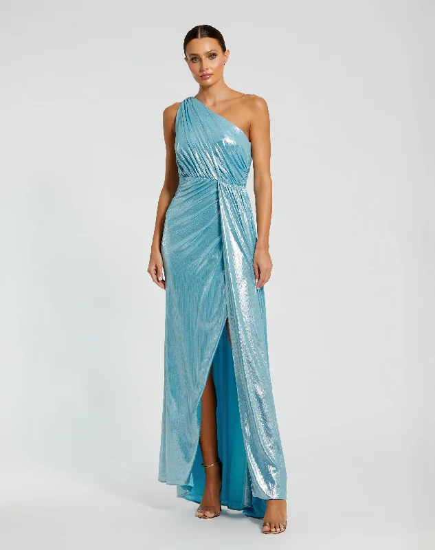 Blue One Shoulder Draped Gown