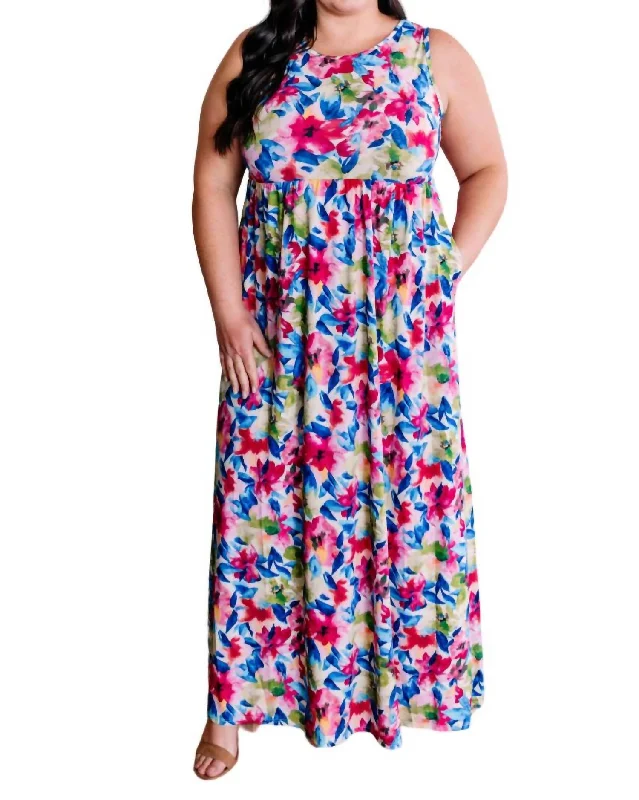 Maxi Dress With Pockets In Bright Neon Floral