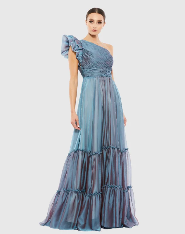 Blue Organza One Shoulder Pleated Gown