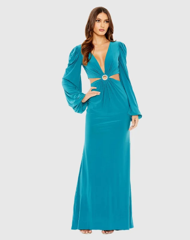 Blue Jersey Puff Sleeve Cut Out Column Gown - FINAL SALE