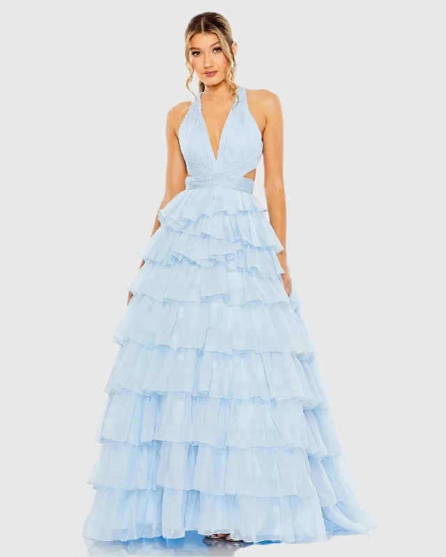 Blue Chiffon Layered Cut Out Ballgown