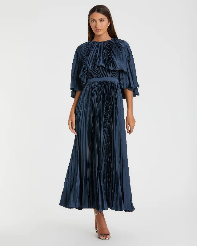 Blue Pleated Caplet Tea-length Dress