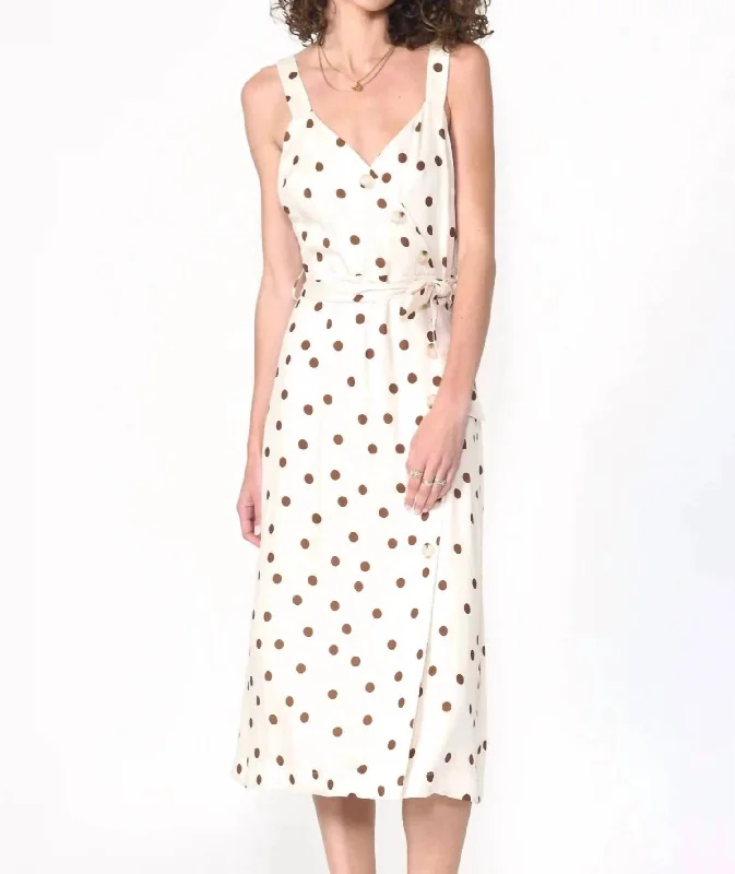 Rhea Polkadot Button Front Midi In Cream/brown