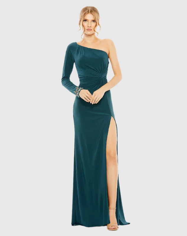 Dark Blue One Sleeve Beaded Cuff Side Twist Gown