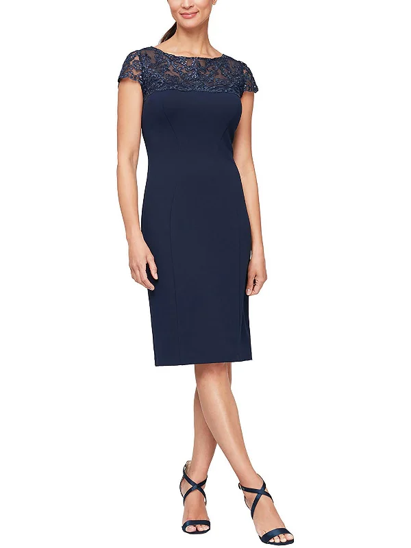 Petites Womens Sequined Embroidered Sheath Dress