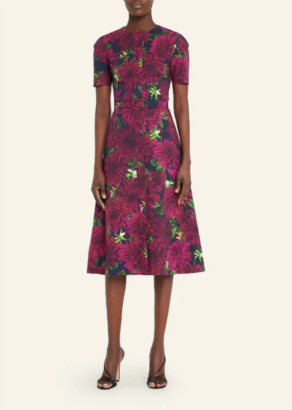 Button Front Dahlia Cotton Poplin Dress In Fuchsia/olive