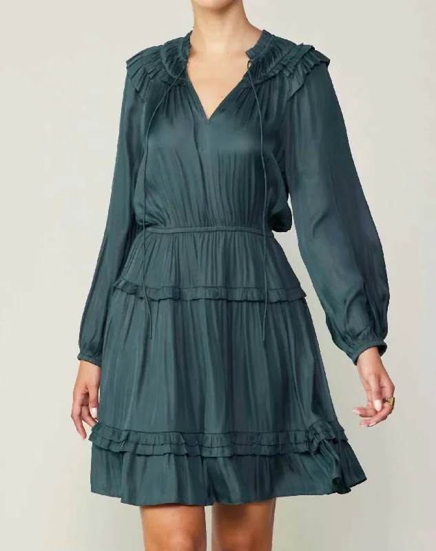 Long Sleeve Split Neck Tiered Mini Dress In Forest Green