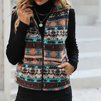 Geo Aztec Tribal Print Zip Up Fleece Vest