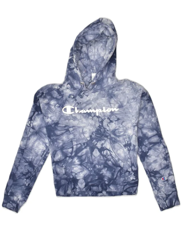 CHAMPION Womens Graphic Hoodie Jumper UK 6 XS Blue Tie Dye Cotton