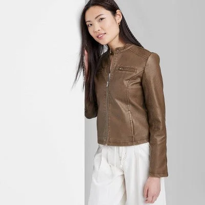 New - Women's Faux Leather Racing Jacket - Wild Fable Brown M