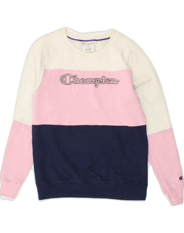 CHAMPION Womens Graphic Sweatshirt Jumper UK 14 Medium Pink Colourblock