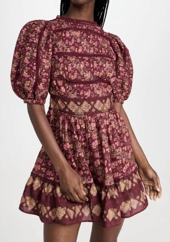 Giulia Print Puff Sleeve Pintucked Dress In Maroon