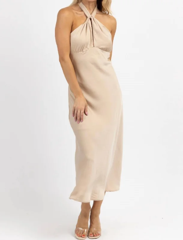 Halter Tie Satin Midi Dress In Champagne