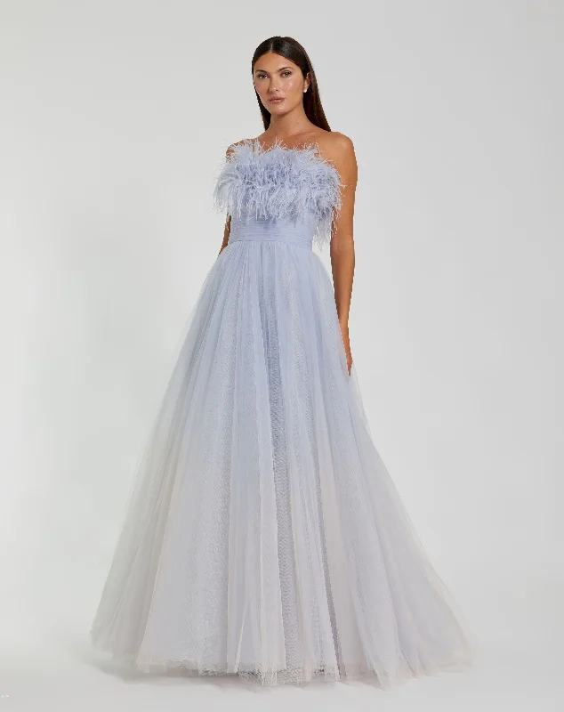 Blue Ombre Strapless Feather Bodice Tulle Gown