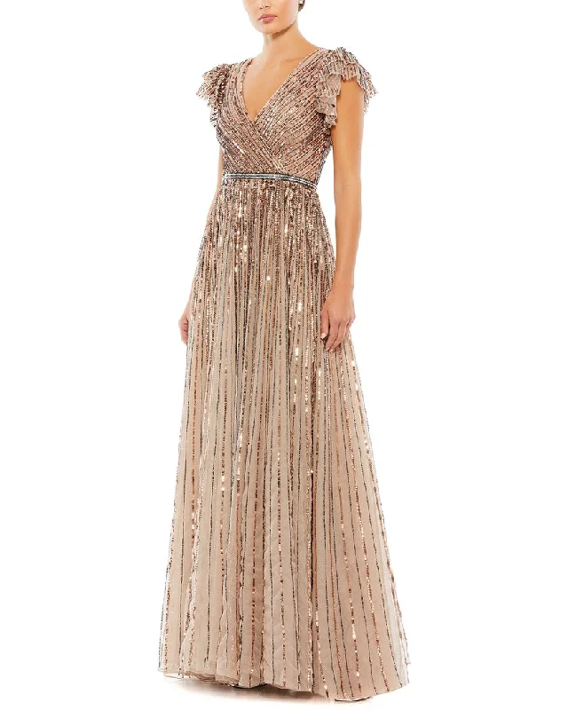 Mac Duggal Sequined Wrap Over Ruffled Cap Sleeve Gown