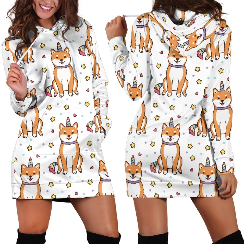 Shiba Inu Unicorn Costume Horn Colorful Tail Pattern Women'S Hoodie Dress