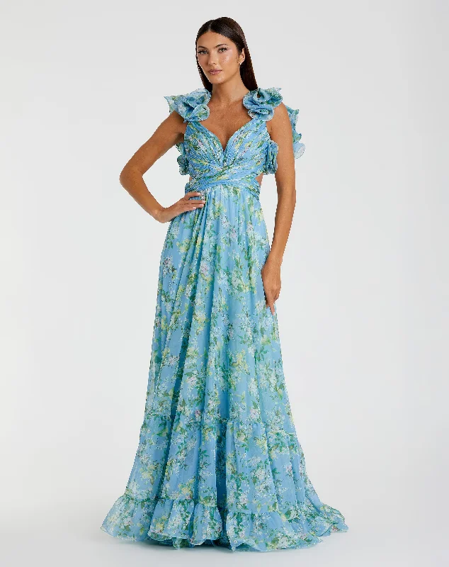 Blue Ruffle Tiered Floral Cut-Out Chiffon Gown